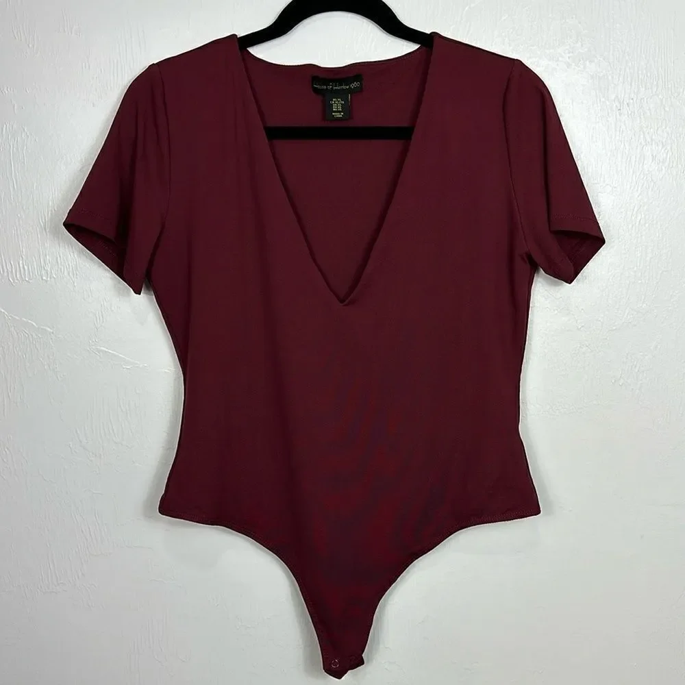 House of Harlow 1960 Revolve Deep V-Neck Bodysuit In Burgundy Size XL